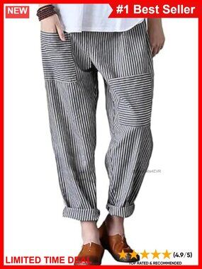 Cotton Linen Striped Wide Leg Harem Pants Baggy Casual